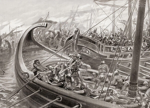 Phocaean Greek colonists clash at sea with Carthaginians and Etruscans in the naval Battle of Alalia, c. 536 BC, from Hutchinsons History of the Nations, pub. 1915