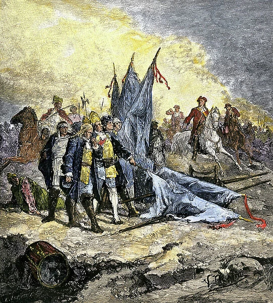 Pierre Le Grand commanded the Russian army during the Battle of Poltava (Pultawa) against the Swedes during the Great North War or Second North War (1700-1721), 1709. Colourful engraving of the 19th century
