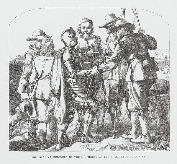 The Pilgrims Welcomed by the Shepherds on the Delectable Mountains (engraving)
