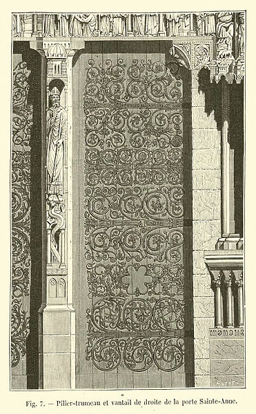Pilier-trumeau et vantail de droite de la porte Sainte-Anne (engraving)