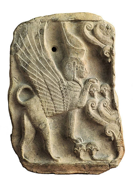 Pinax decorated with Sphinx with double Egyptian crown protecting the Tree of Life