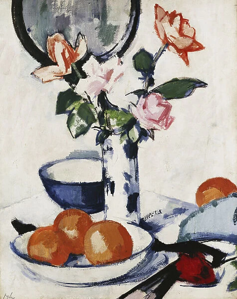 Pink and Tangerine Roses in a Blue and White Beaker Vase with Oranges in a Bowl