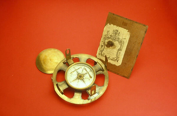 Plain theodolite with trade card on inside of case lid, c. 1780 (brass)