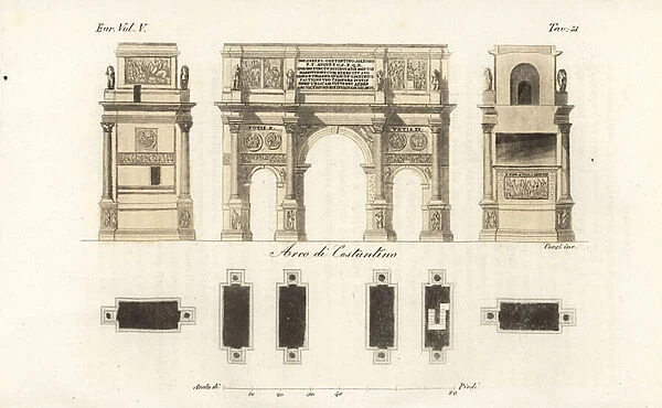 Plan and elevations of the Arch of Constantine, Rome, a triumphal arch built to commemorate Emperor Constantine Is victory over Maxentius
