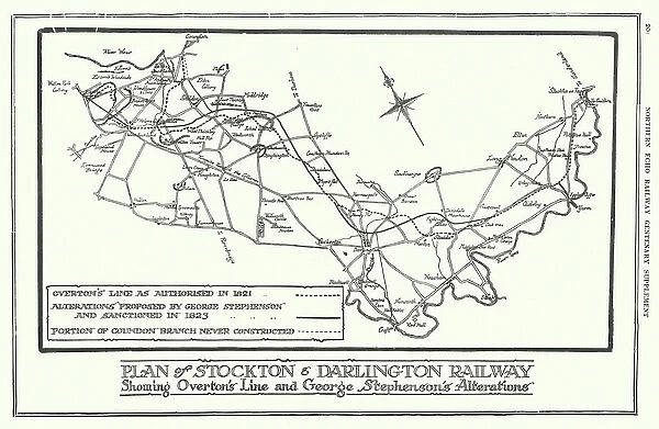 Plan of Stockton and Darlington Railway, showing Overton's Line and George Stephenson's Alterations (litho)