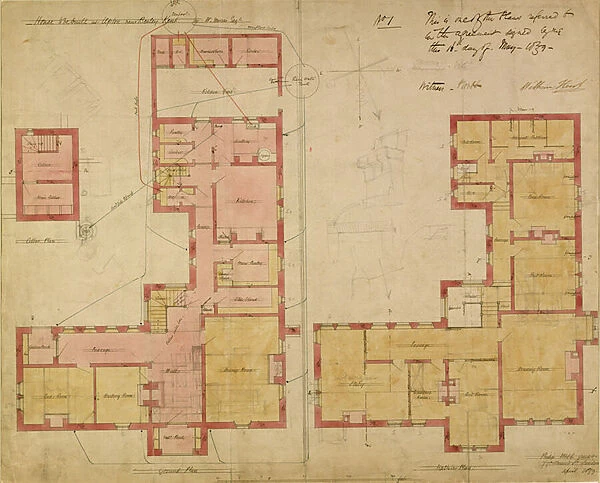 Plans for the Red House, Bexley Heath, 1859 (pen and ink and w  /  c on paper)