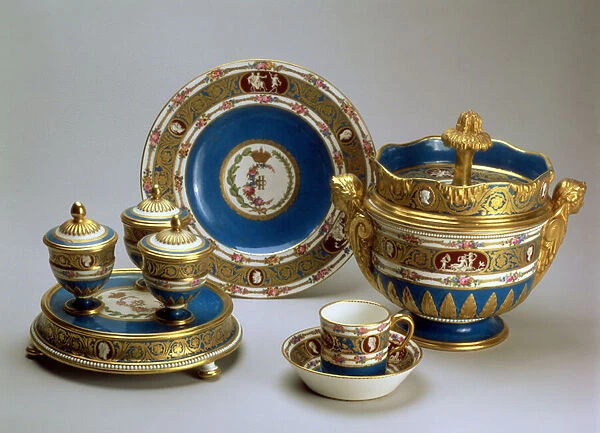 Plat de Menage, dish, cup and saucer and ice cream bowl from the Blue Cameo Service