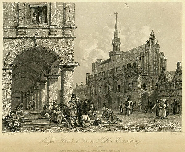 Poland, Woiwodschaft Pomerania, townhall of Malbork, 1836 (steel engraving)