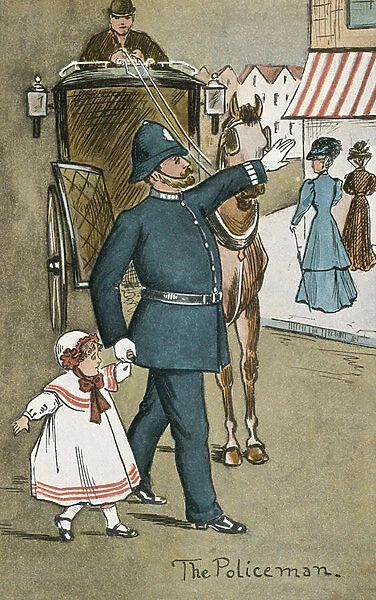 Policeman helping a small girl (colour litho)