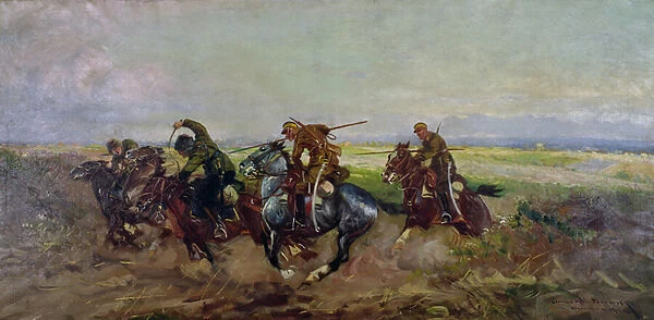 Polish Lancers attacking Russians, 1920 (oil on canvas)