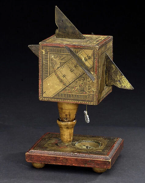 Polyhedral sundial for latitude 20 degrees, with magnetic compass on its base, 1780-1810 (brass and wood)