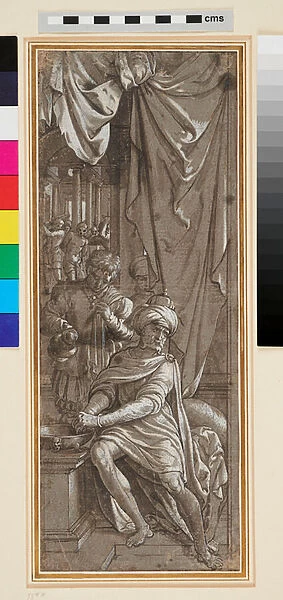 Pontius Pilate washing his Hands, 1505-60 (pen & brown ink, heightened with bodycolour, on dark grey paper)