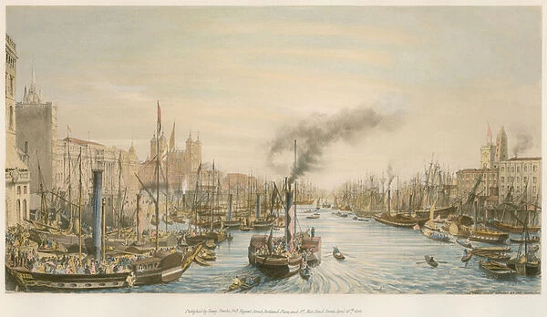 The Pool, from London Bridge, morning (colour litho)