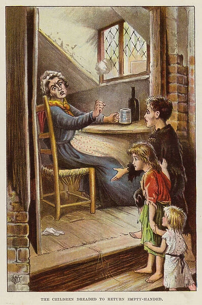 Poor children dreading returning home to their mother empty-handed (chromolitho)