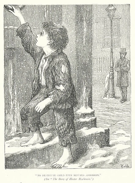 Poor homeless child knocking on the door of a Dr Barnardos home (engraving)