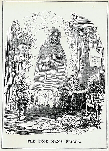 The Poor Man's Friend': Cartoon by John Leech from 'Punch', London, February 1845, showing Death as the friend of the old or sick unemployed manual labourer, a more welcome option than the Union (Workhouse) that can be seen through the window