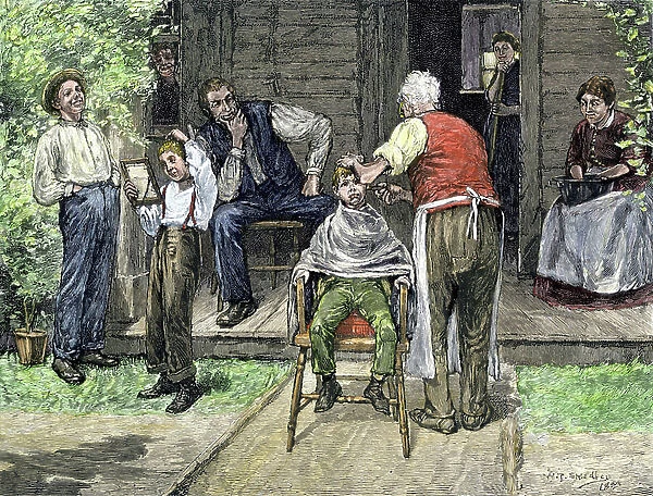Population of America: Outdoor hairdressers in a village. A boy gets his hair cut, 19th century. Colourful engraving of the 19th century