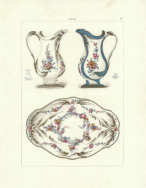 Porcelain for domestic use: Water pot and bowl decorated with flowers on a white base, and water pot with flowers on partial background. Chromolithograph by Gillot of an illustration by Edouard Garnier from The Soft Paste Porcelain of Sevres