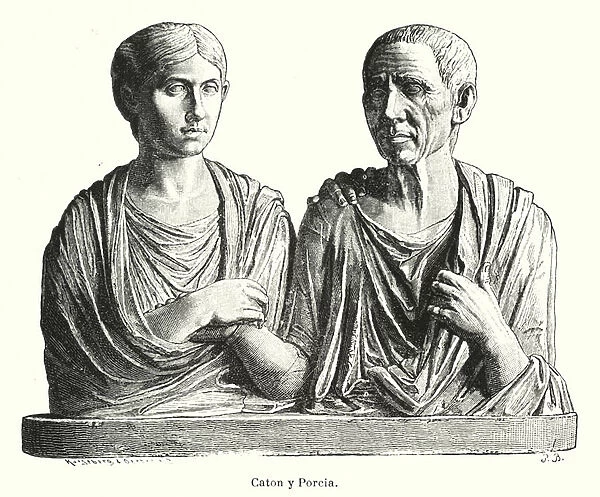 Porcia and Cato, Ancient Roman headstone (litho)