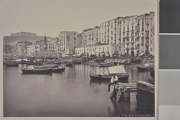 The port and the neighborhood around the church of Santa Maria del Carmine, Naples (Italy) - Photography, 1880-1900, original print (20x25 cm) by contact, excerpt from an ancient work on Naples, 19th century