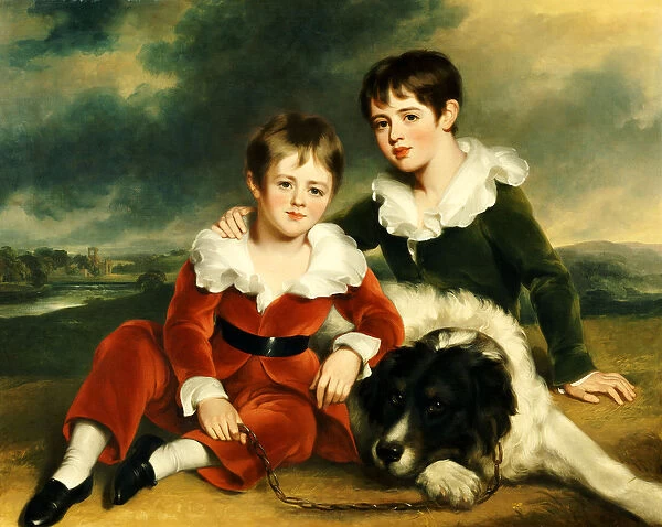 Portrait of Two Boys with their Newfoundland Dog (oil on canvas)