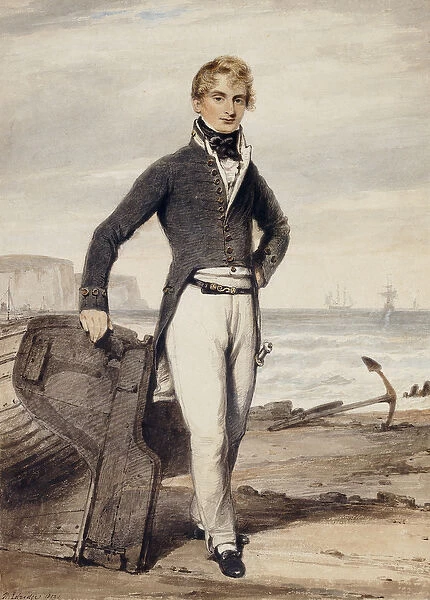 Portrait of Edward Pocock R. N. small full length, Standing Beside a Beached Rowing Boat