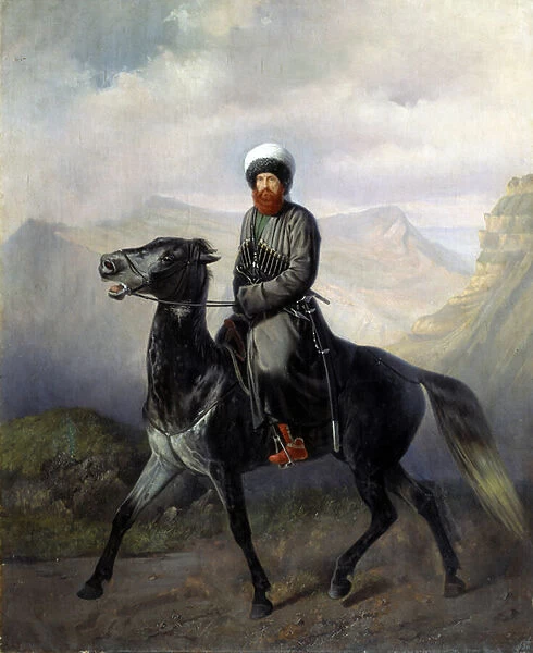 Portrait equestre de Chamil (Imam Chamil, Shamil) (1797-1871), chef des tribus musulmanes du Caucase nord (Portrait of the political and religious leader of the Muslim tribes of the Northern Caucasus Imam Shamil)