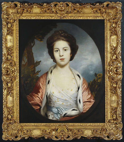 Portrait of Esther, Lady Wray, wearing a white dress, a gold and pink ermine-lined cloak