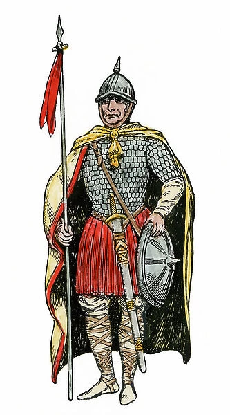 Portrait of a free soldier under the regne of Charlemagne in the 9th century. Colour engraving after a 19th century illustration