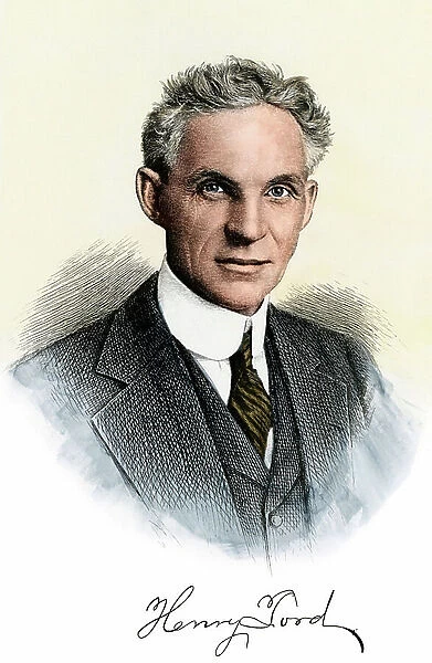 Portrait of Henry Ford (1863-1947), American industrialist and founder of the automobile manufacturer Ford Motor Company, with industrial production methods based on the coupling line has an economical model with high wages