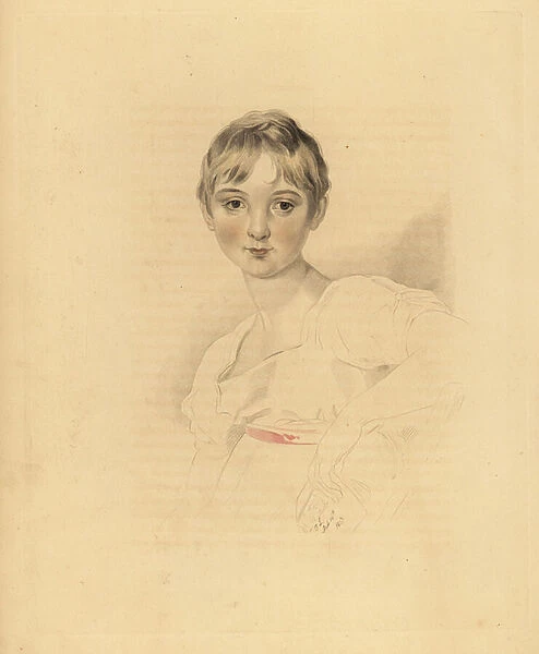 Portrait of Lucy Meredith, niece of Sir Thomas Lawrence. Young pre-teen girl in white dress with pink ribbon belt. Hand-tinted engraving by Frederick Christian Lewis after an illustration by Sir Thomas Lawrence from P. G