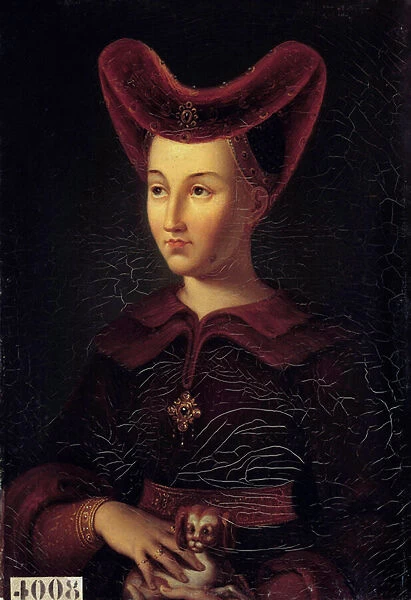 Portrait of Marguerite de Baviere, Duchess of Burgundy (1363-1423) Painting by Vincent Nicolas Raverat (1801-1865) from an original from 1423. 1847. Sun 0, 42x0, 3 m