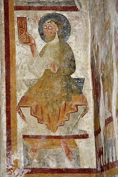 Portrait of Saint Augustine or an apostle? Romanesque art. Fresco of the Church of Saint Hugues (XII century) by Avord, Cher (18520), Centre, France