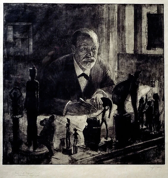 Portrait of Sigmund Freud at his working table, 1914 (photography)