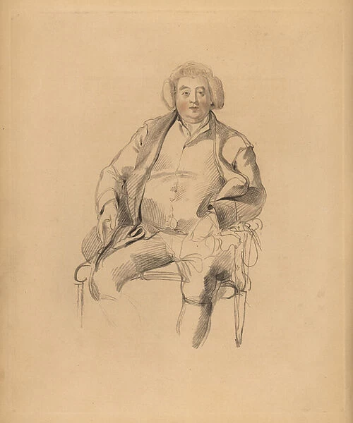 Portrait of Sir Thomas Lawrences father, innkeeper Thomas Lawrence. Portly man in wig seated on a chair. Hand-tinted engraving by Frederick Christian Lewis after an illustration by Sir Thomas Lawrence from P. G