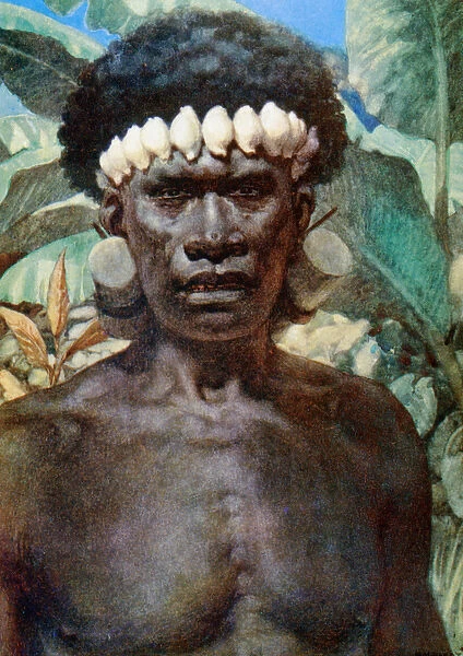 Portrait of a Solomon Island cannibal. 1908 (colour litho)
