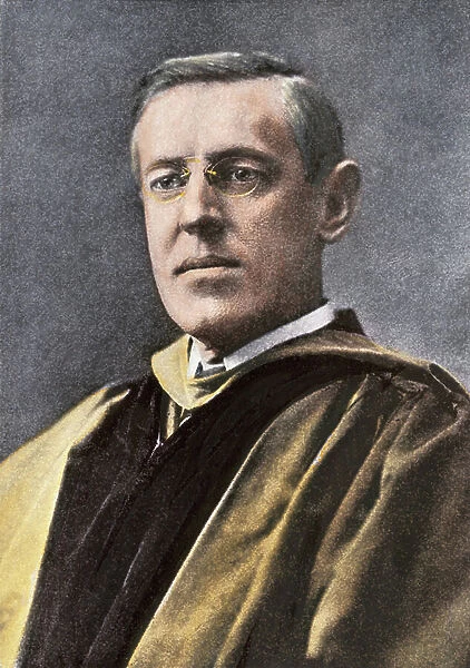 Portrait of Thomas Woodrow Wilson (1856-1924), Doctor of Law, President of Princeton University. Colour engraving of the 19th century