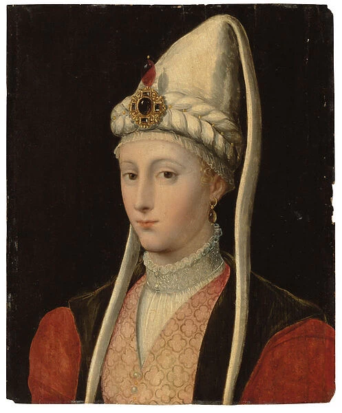 Portrait of a woman, possibly Haseki Hurrem Sultan, called Roxelana, bust-length, in Ottoman costume, with a jewelled headdress (oil on panel)