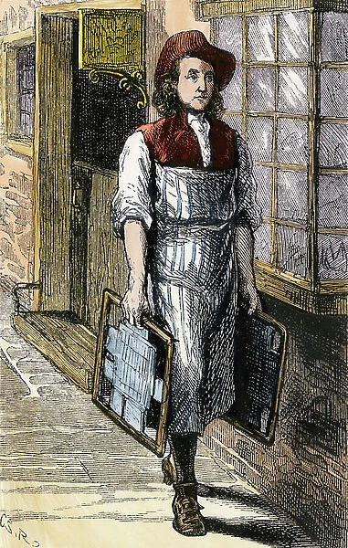 Portrait of the young Benjamin Franklin (1706-1790) wearing his boxes of typographical characters upon arriving in Philadelphia to work in a printing shop. Colour engraving of the 19th century