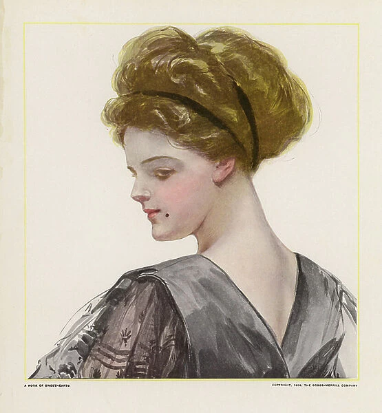 Portrait of a young woman in a black evening dress (colour litho)
