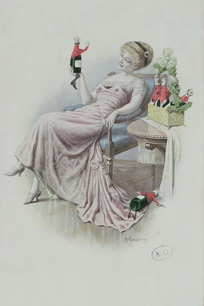 Postcard depicting a woman with bottles of champagne in the shape of men, c. 1900 (colour litho)