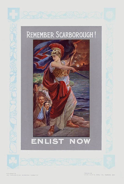 Postcard encouraging British men to enlist in the services after the German naval bombardment of Scarborough, Yorkshire, World War I, 1914 (colour litho)