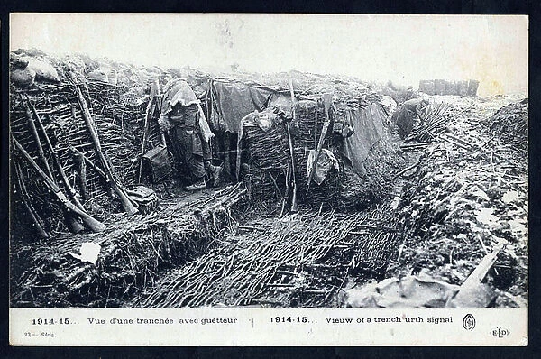 Postcard, N & B Satirical, 1915: View of a trench with lookout - War of 14 -18, Trenches, Front (military) - Soldiers