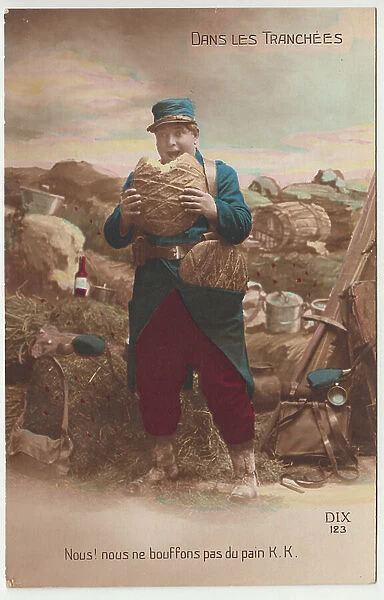 Postcard, Satirical in Colors, 1915_5_25: In the trench - War of 14 -18, Slices, Hunger, KK Bread, Bread