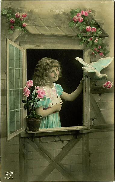 Postcard with a smiling girl has a dove picking up her letter from a window. Start of the 20th century