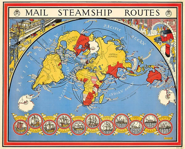 Poster advertising mail steamship routes, 1937 (colour litho)
