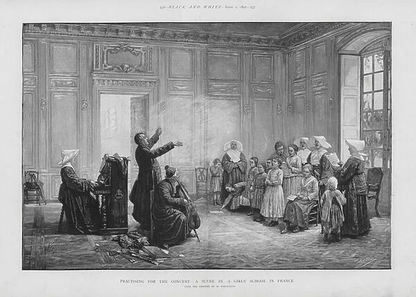 Practicing for the Concert - a Scene in a Girls School in France (litho)