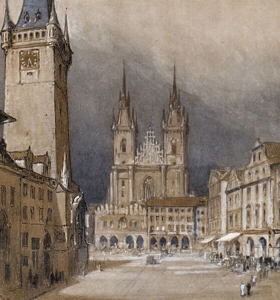 Prague and its Town Hall (colour litho)