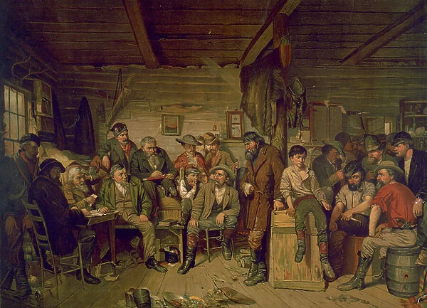 The Preliminary Trial of a Western Horse Thief - Scene of a Western Judge's Court', 1877. After John Mulvany (1844-1906) Irish-born American painter. America USA Frontier Wild West Pioneers Justice Building Wood