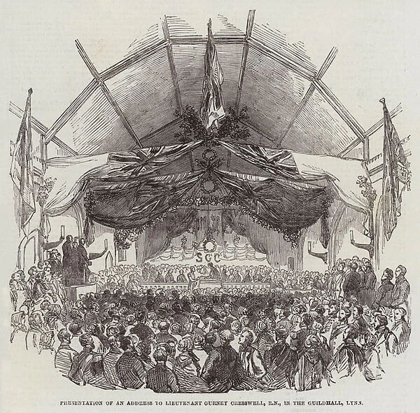Presentation of an Address to Lieutenant Gurney Cresswell, RN, in the Guildhall, Lynn (engraving)